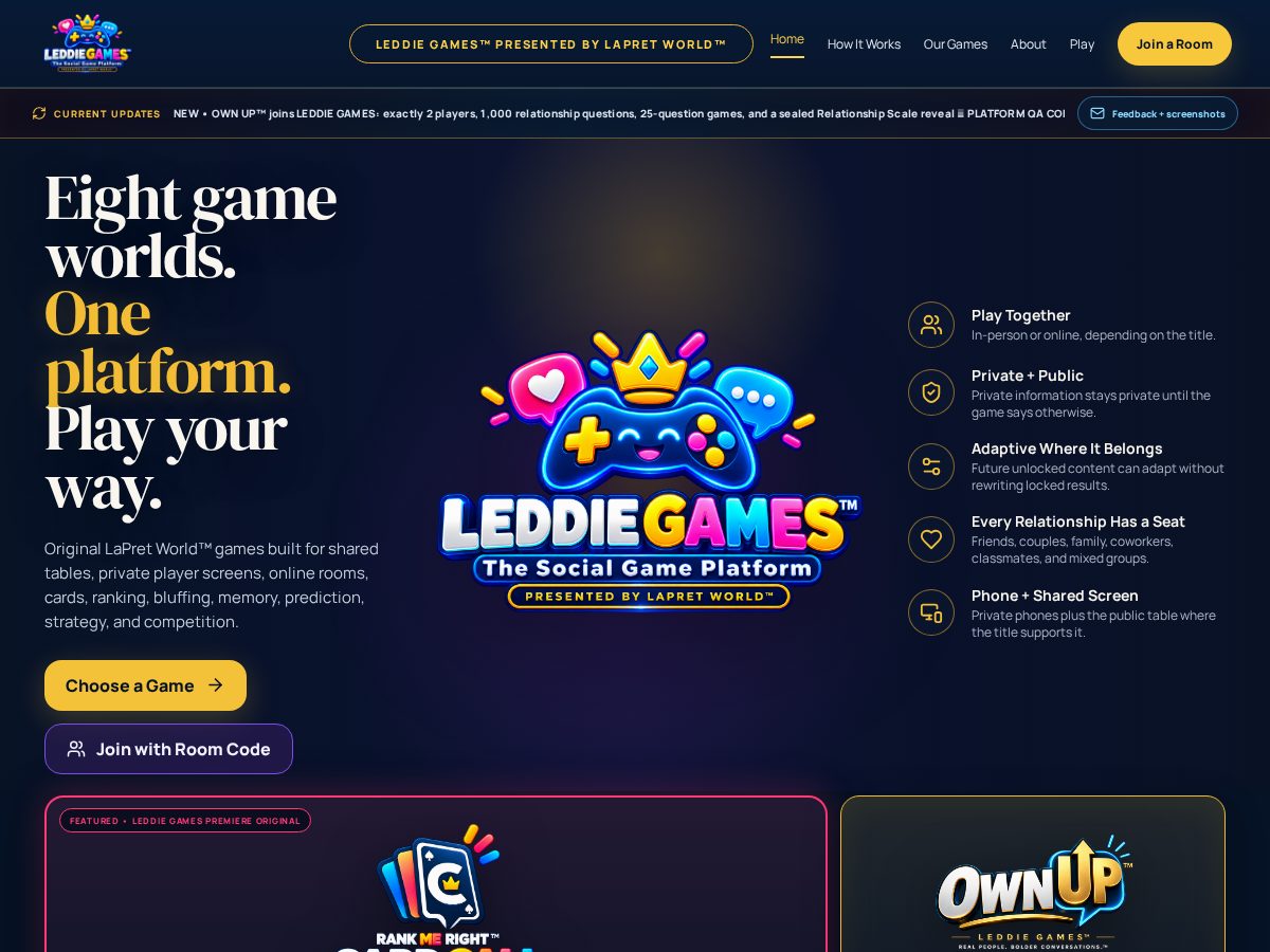 Landing-page snapshot of leddiegames.com