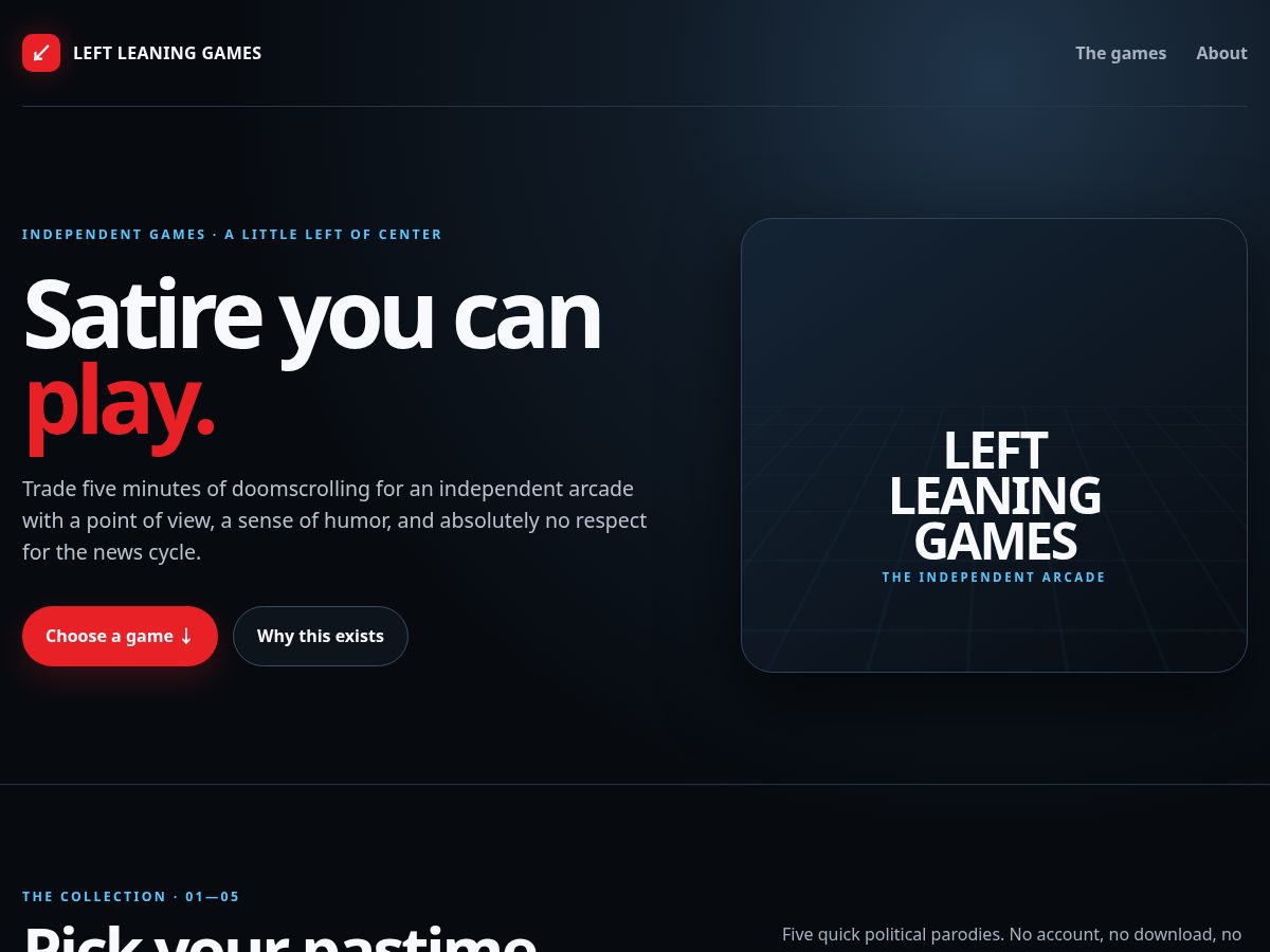 Landing-page snapshot of leftleaninggames.com