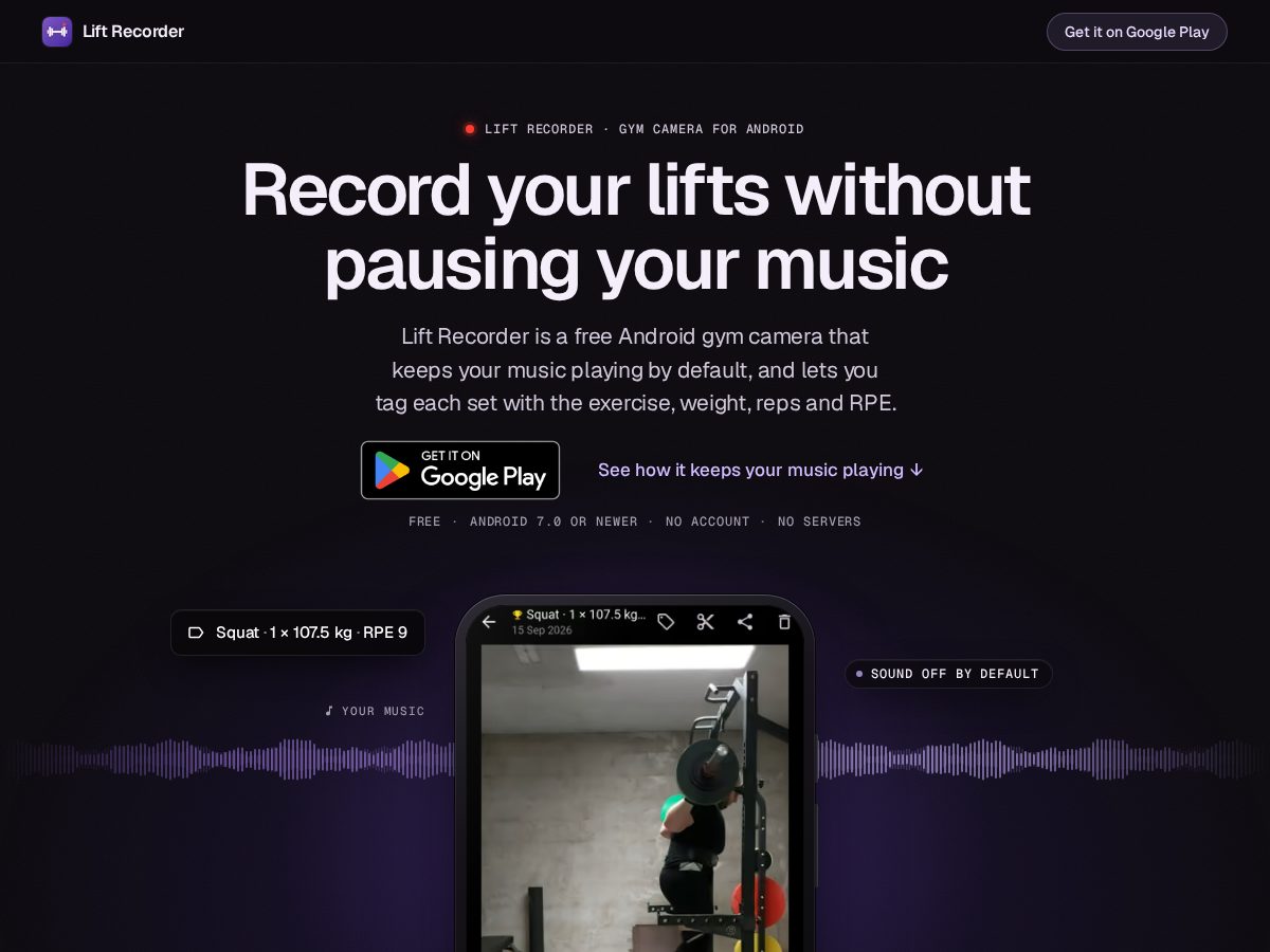 Landing-page snapshot of liftrecorder.app