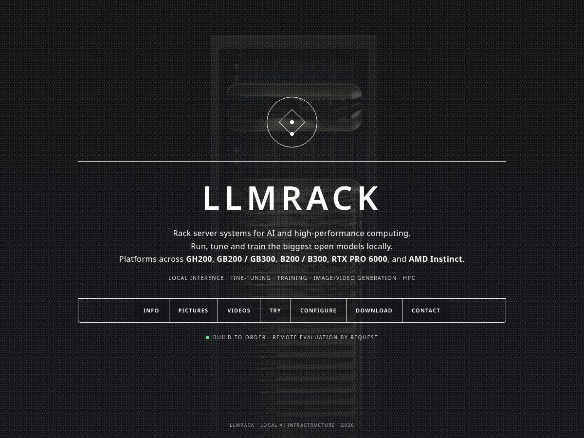 Landing-page snapshot of llmrack.space