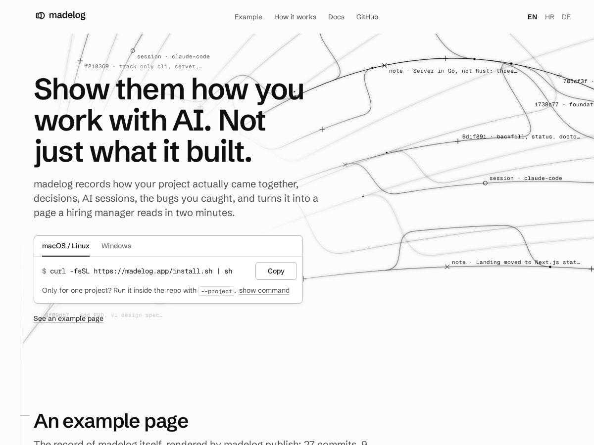 Landing-page snapshot of madelog.app