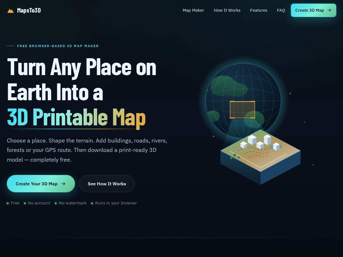 Landing-page snapshot of mapsto3d.com