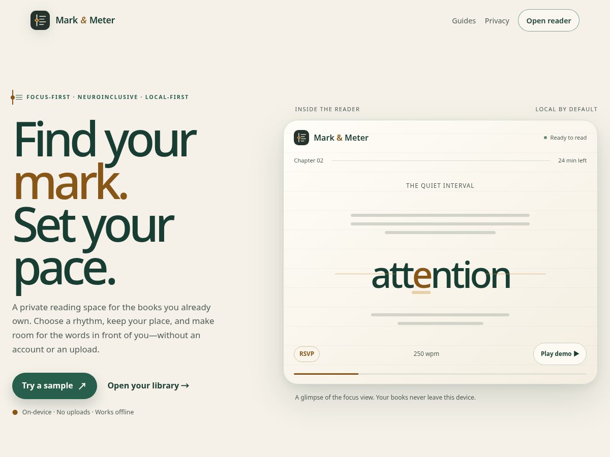 Landing-page snapshot of markandmeter.com