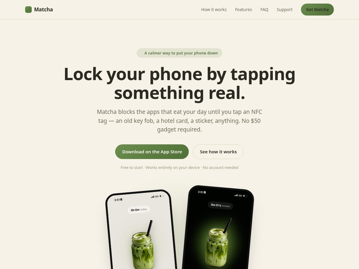 Landing-page snapshot of matchascreentime.com