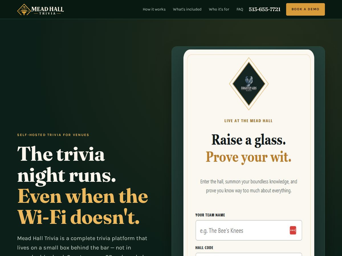 Landing-page snapshot of meadhalltrivia.com