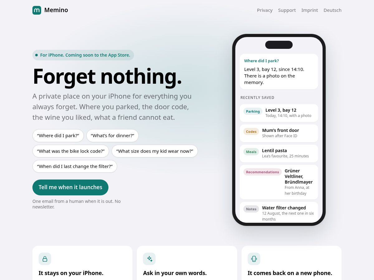 Landing-page snapshot of memino.app