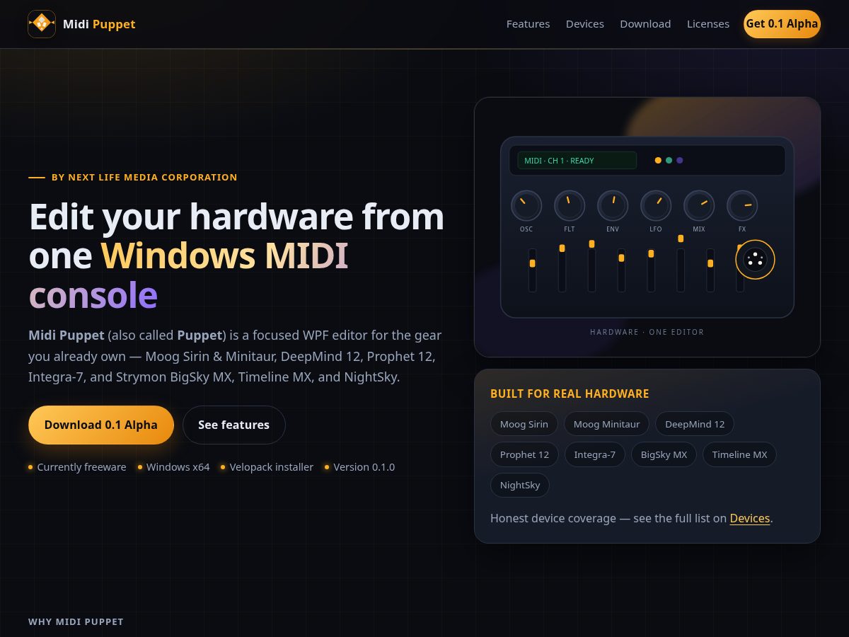 Landing-page snapshot of midipuppet.com