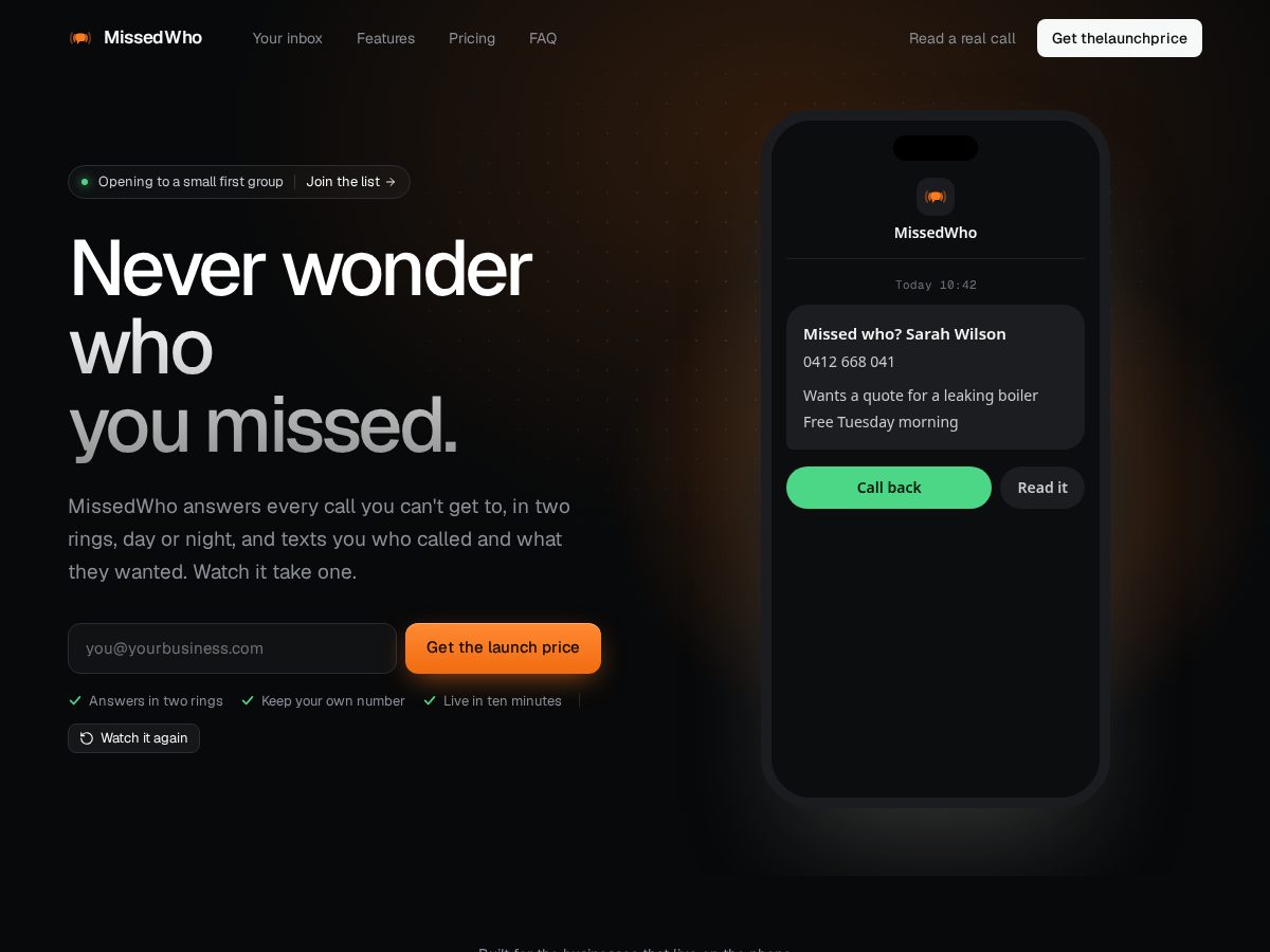 Landing-page snapshot of missedwho.com