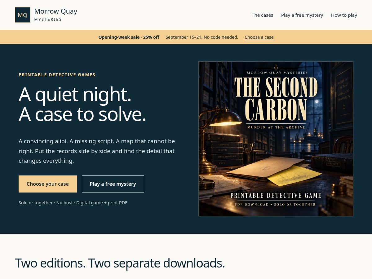 Landing-page snapshot of morrowquaymysteries.com