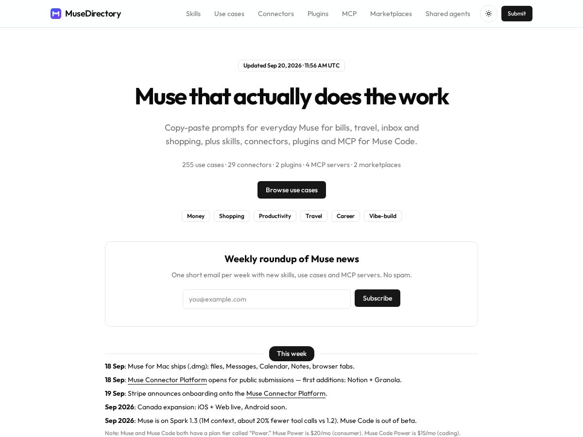 Landing-page snapshot of musedirectory.dev