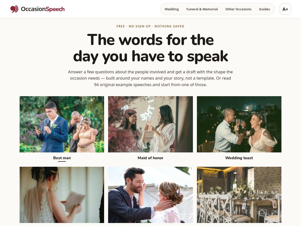 Landing-page snapshot of occasionspeech.com
