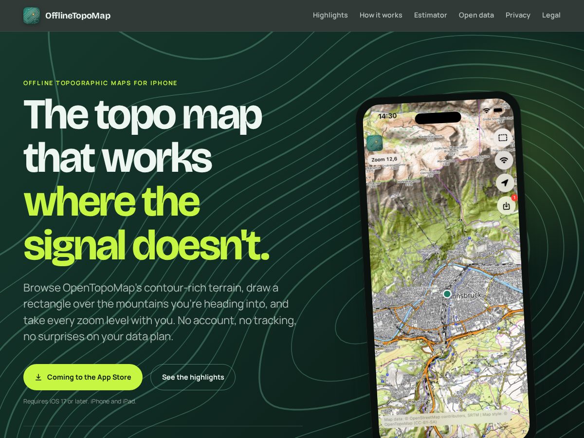 Landing-page snapshot of offlinetopomap.com