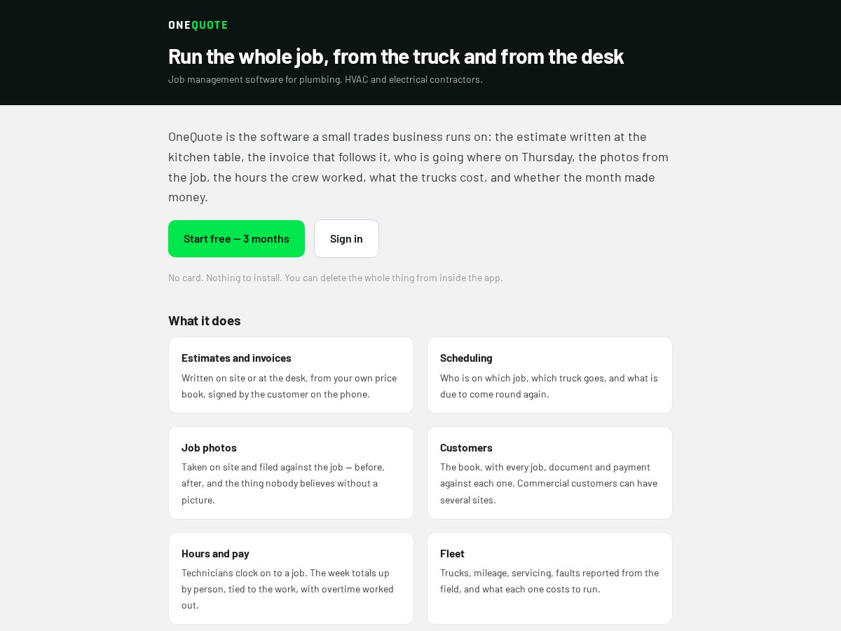 Landing-page snapshot of onequotecrm.com