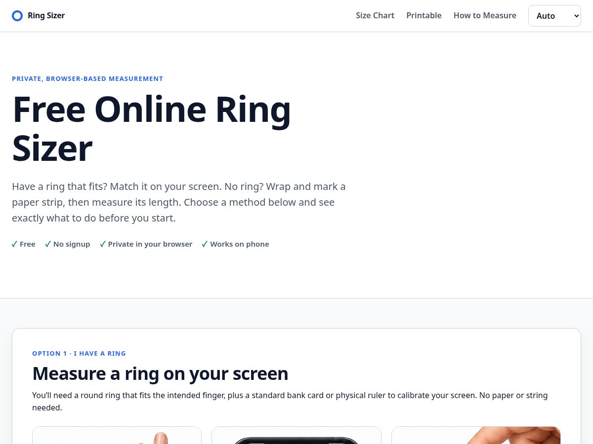 Landing-page snapshot of onlineringsizer.app