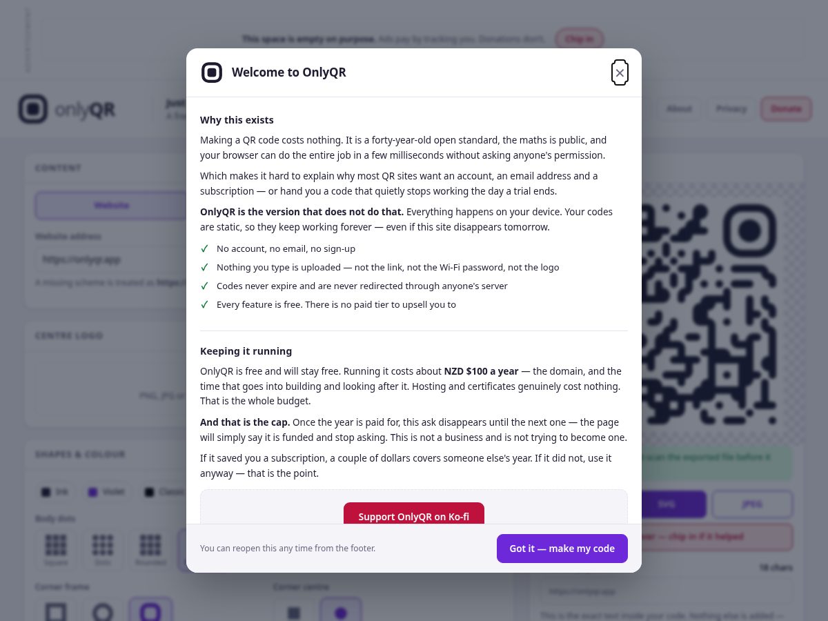 Landing-page snapshot of onlyqr.app