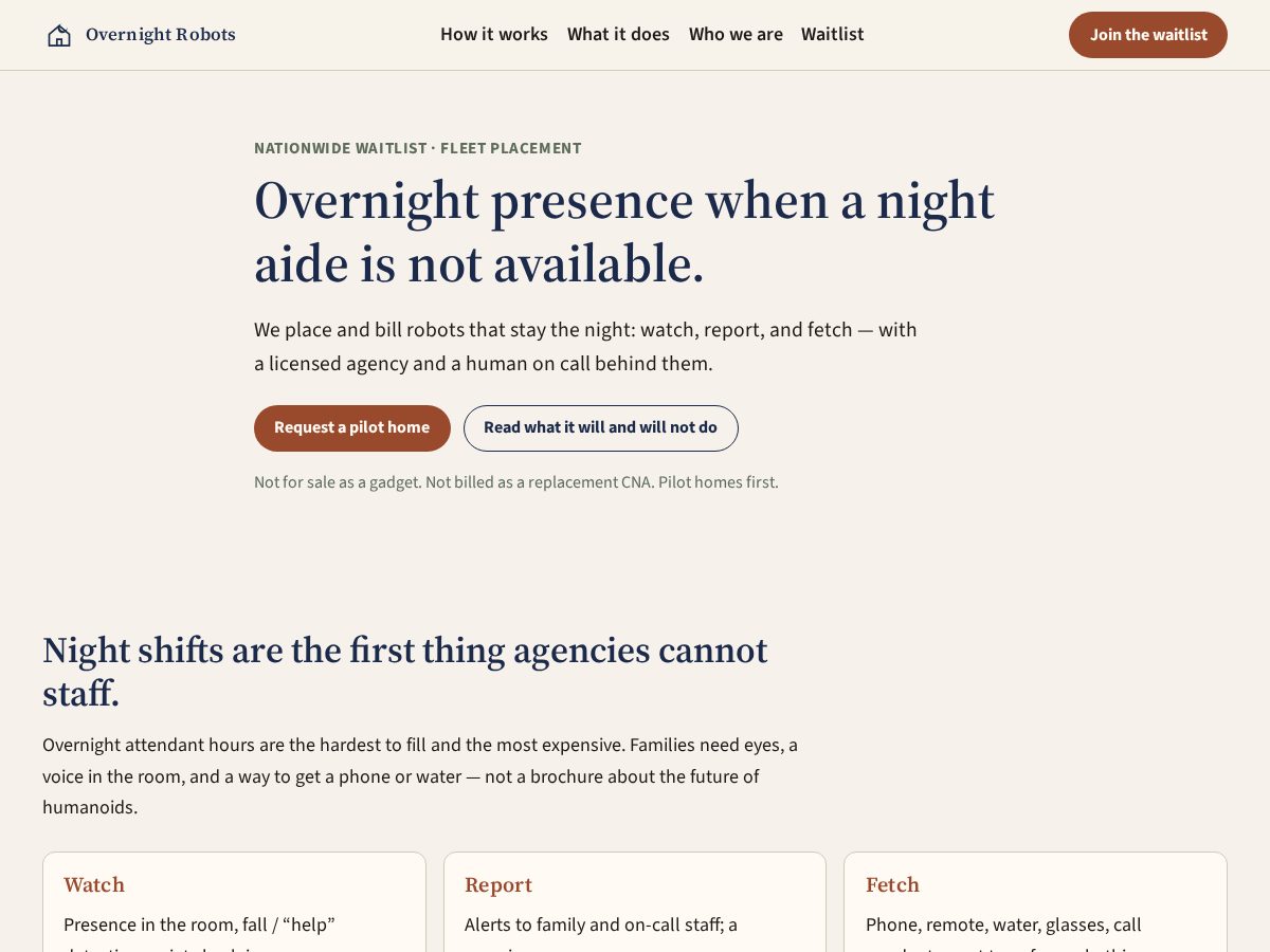 Landing-page snapshot of overnightcarebot.com