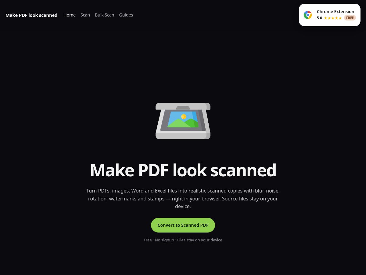 Landing-page snapshot of pdflookscanned.com