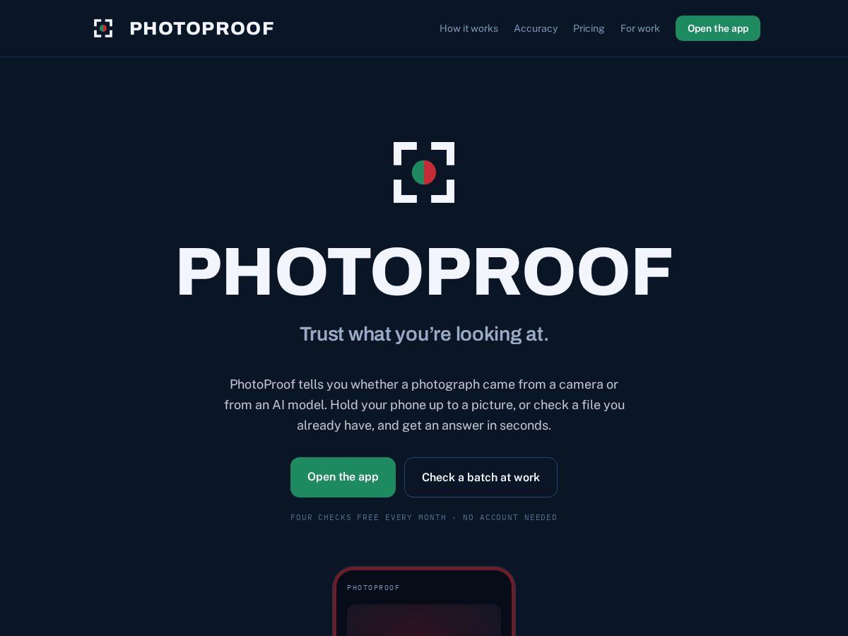 Landing-page snapshot of photoproofapp.com
