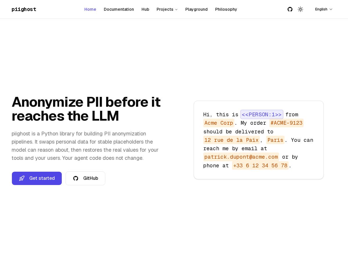 Landing-page snapshot of piighost.dev