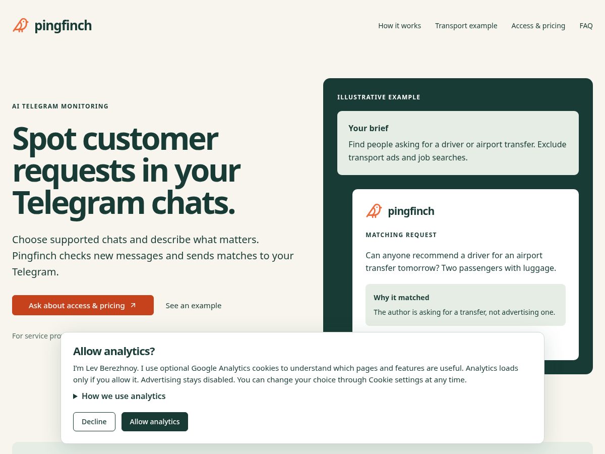 Landing-page snapshot of pingfinch.com