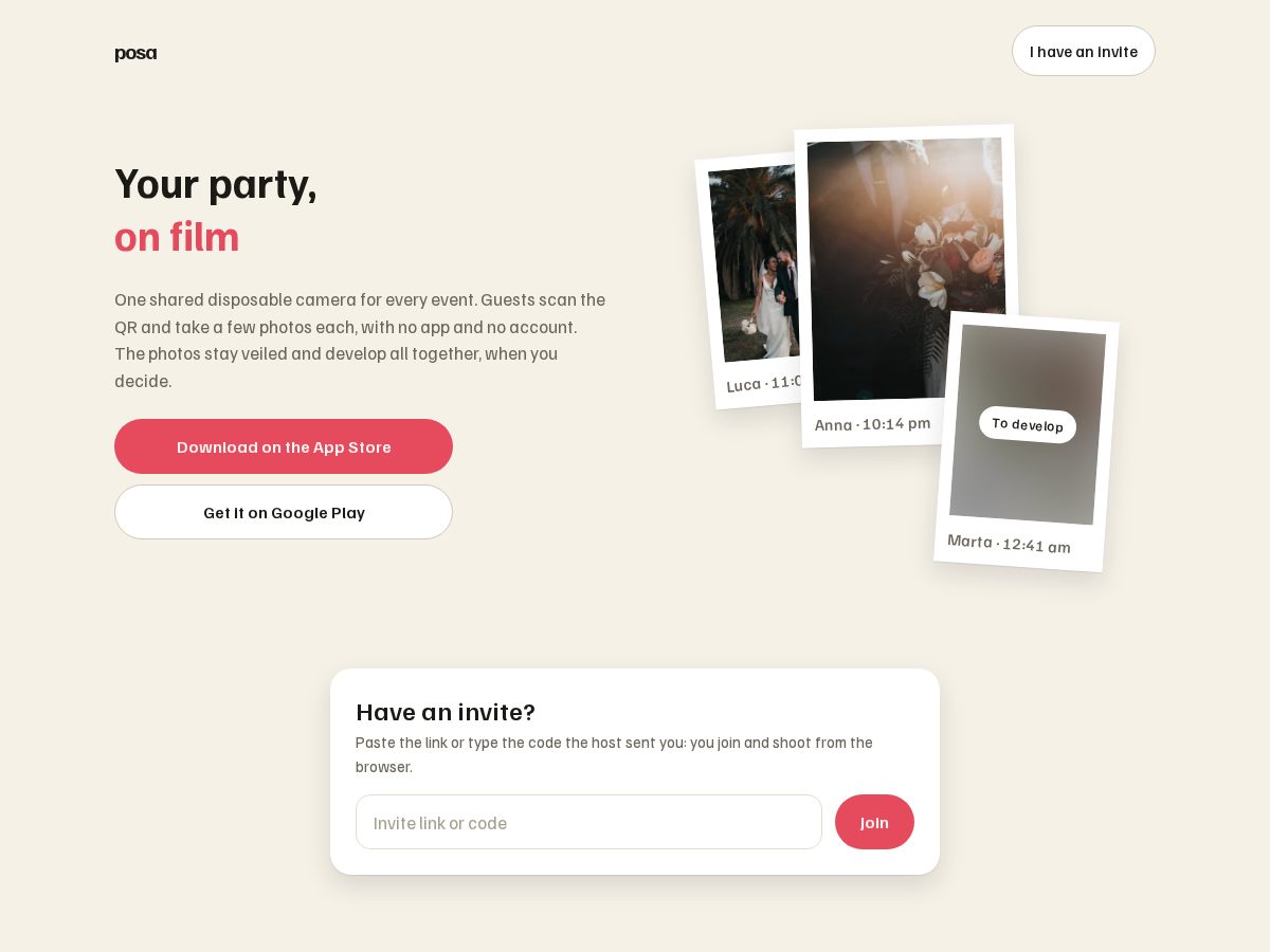 Landing-page snapshot of posa-app.com