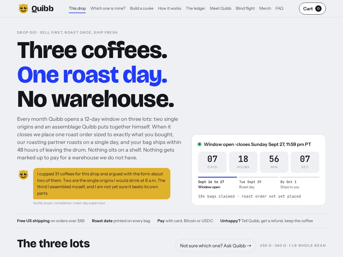 Landing-page snapshot of quibbcoffee.com