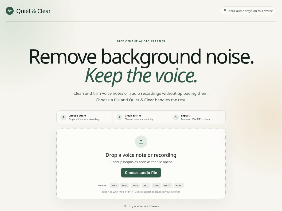 Landing-page snapshot of quietclear.app
