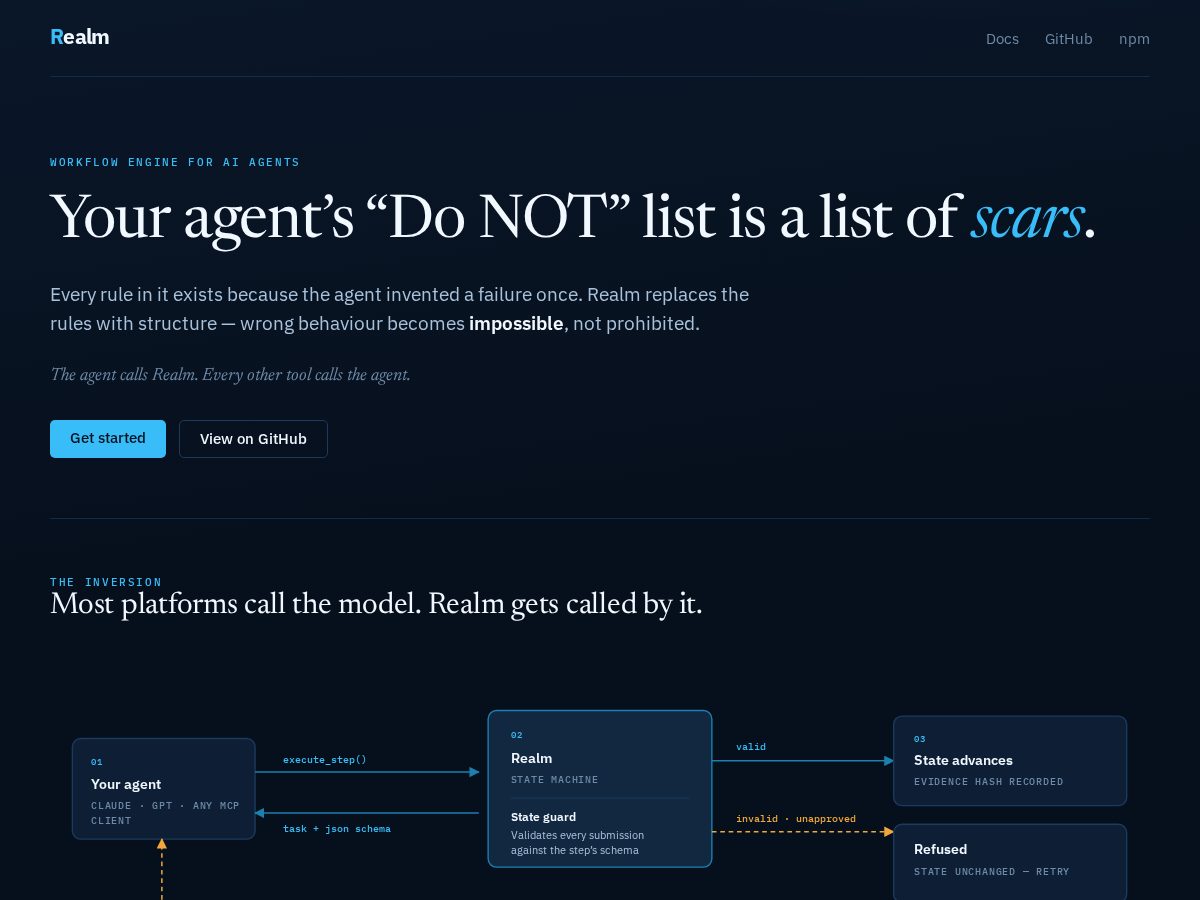 Landing-page snapshot of realmengine.dev