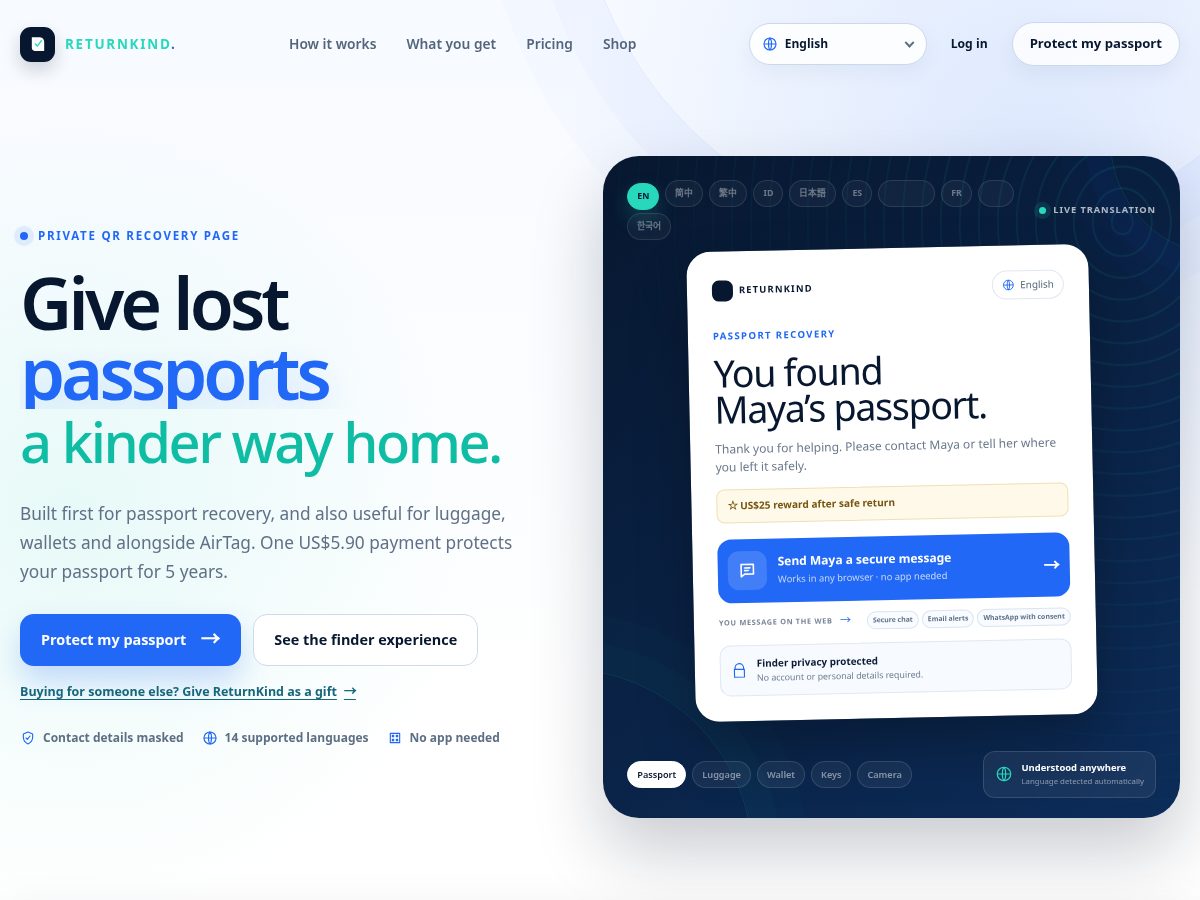 Landing-page snapshot of returnkind.app
