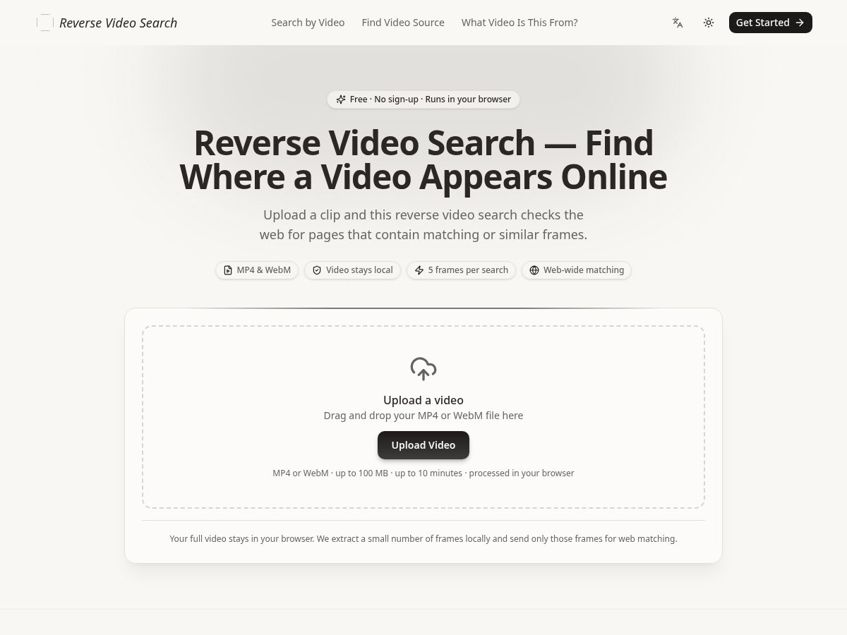 Landing-page snapshot of reversevideosearch.site