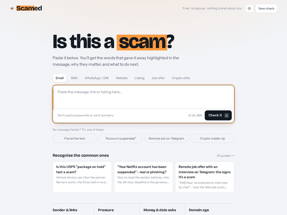 Landing-page snapshot of scamed.net