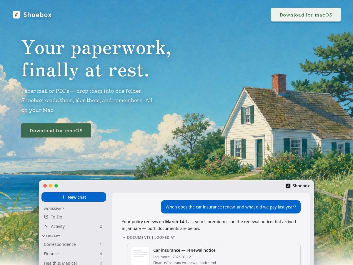 Landing-page snapshot of shoebox.software