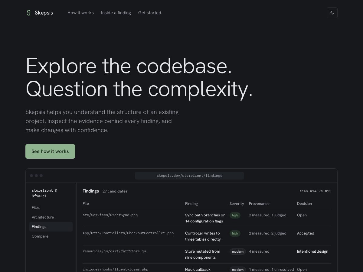 Landing-page snapshot of skepsis.dev