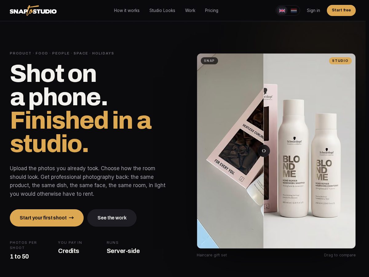 Landing-page snapshot of snaptostudio.com