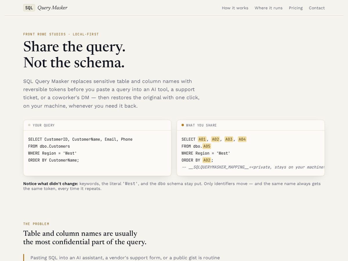 Landing-page snapshot of sqlquerymasker.com