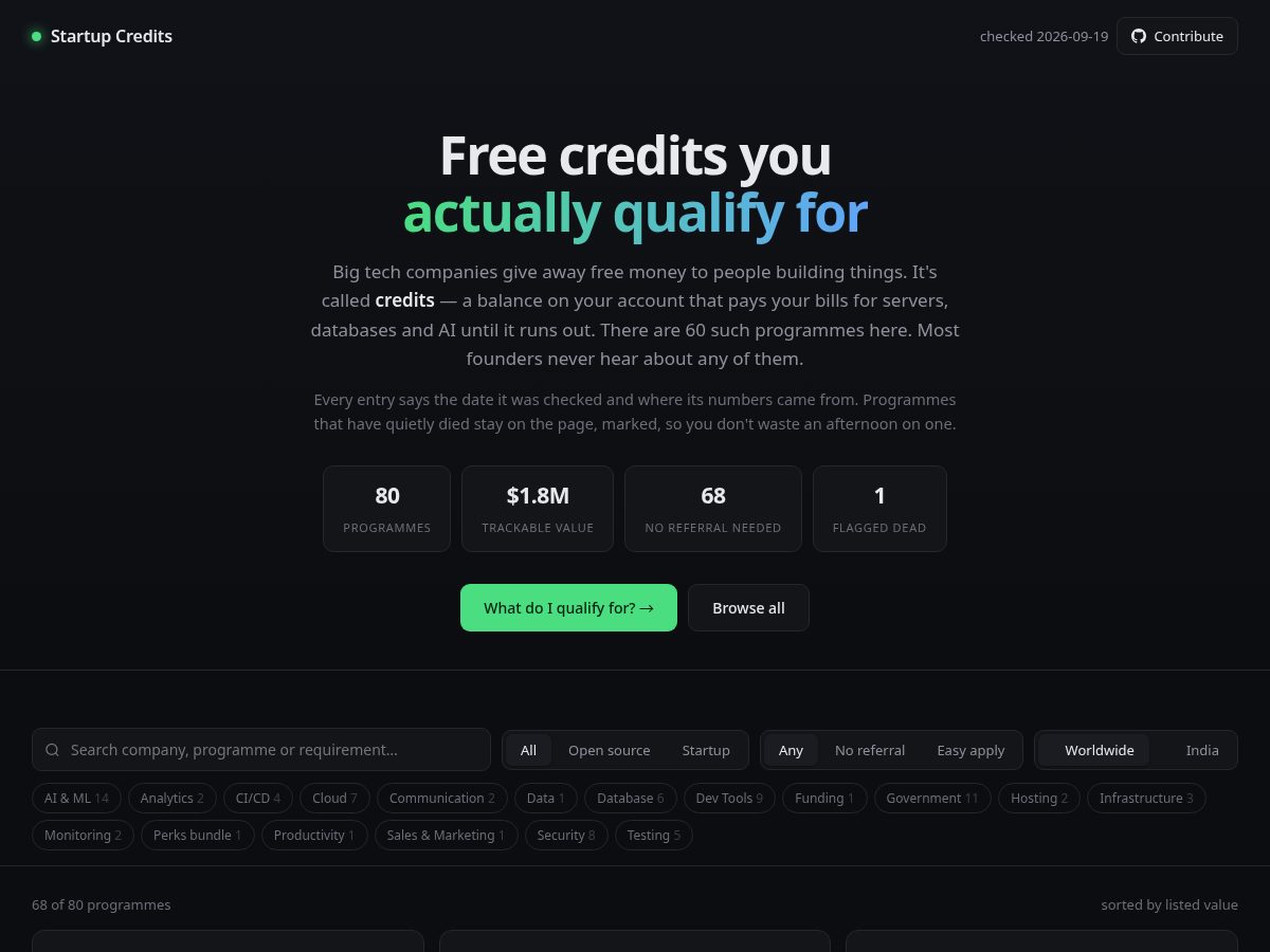 Landing-page snapshot of startupcredits.online