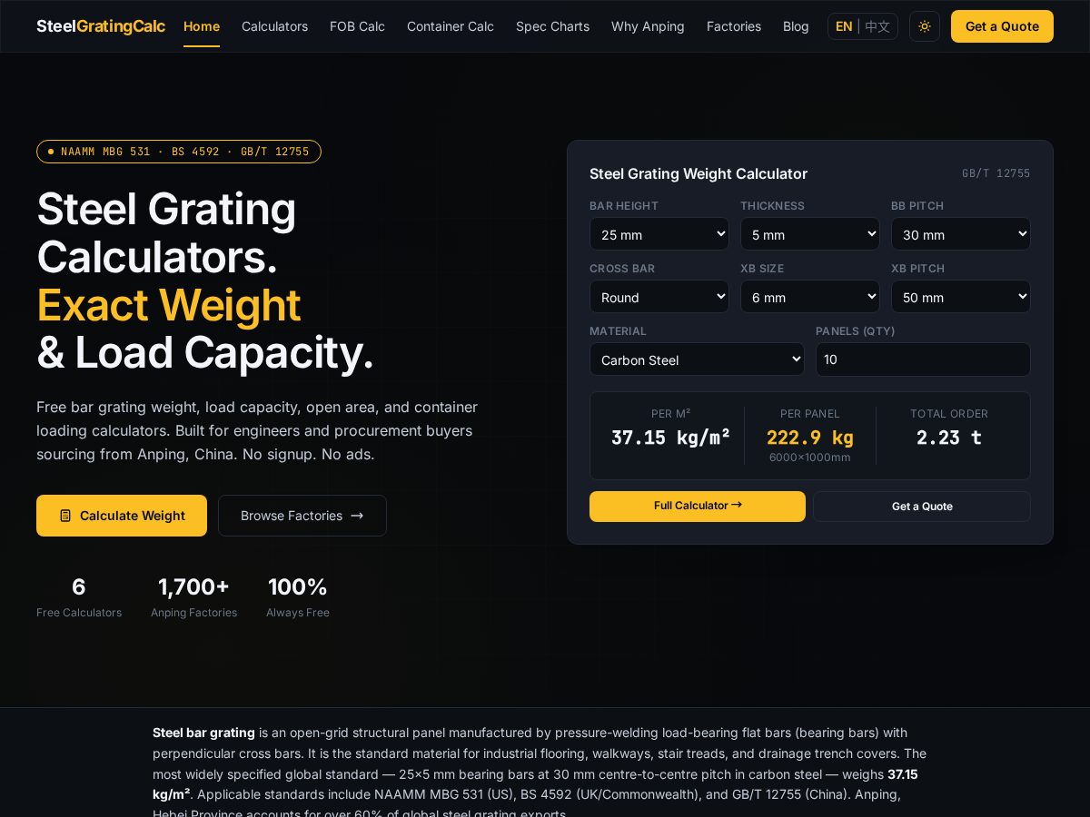 Landing-page snapshot of steelgratingcalculator.com