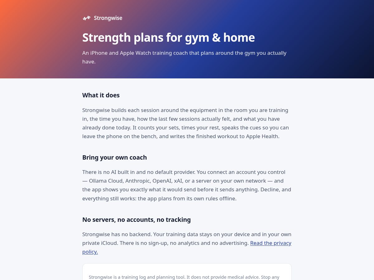 Landing-page snapshot of strongwiseapp.com