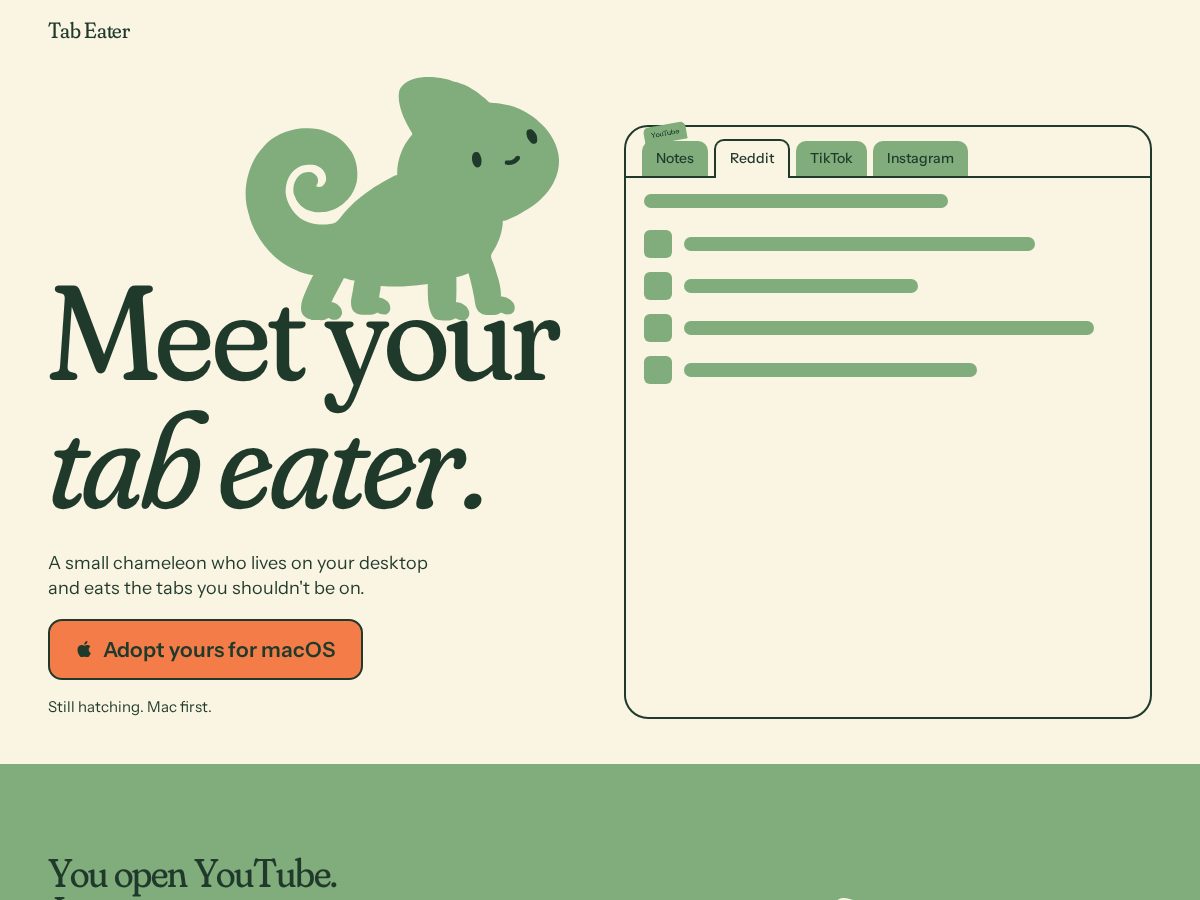 Landing-page snapshot of tabeater.app