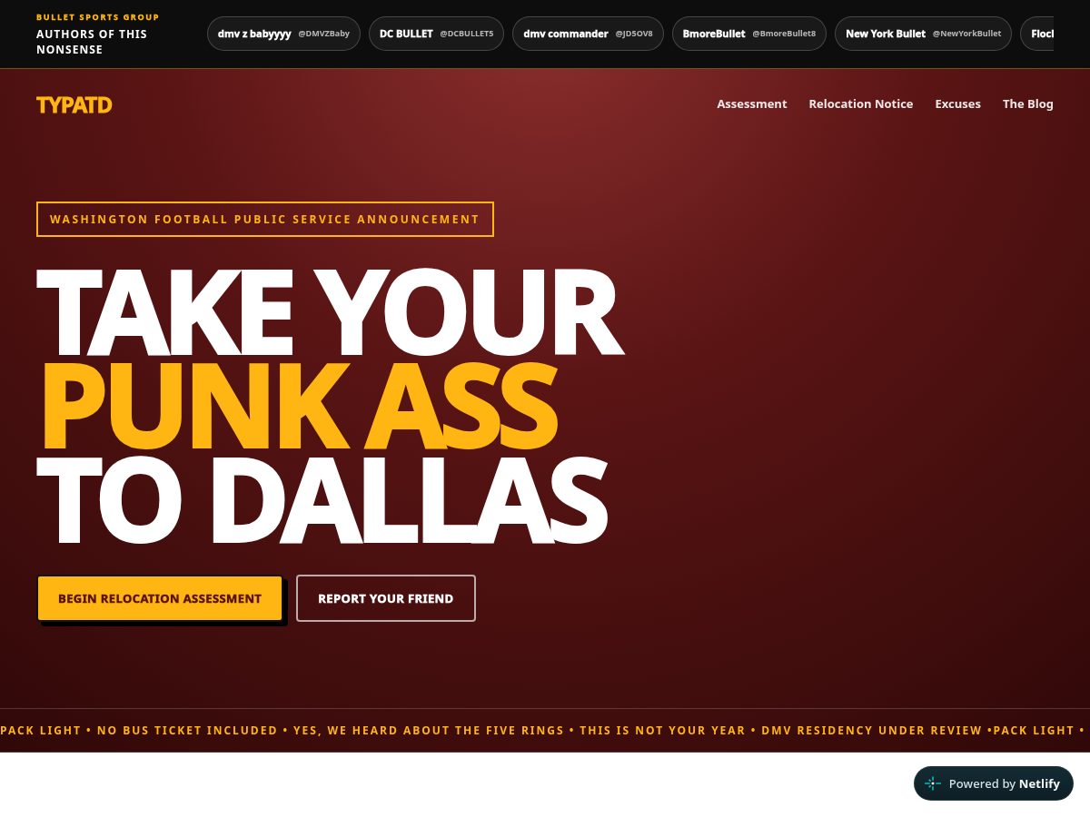 Landing-page snapshot of takeyourpunkasstodallas.com