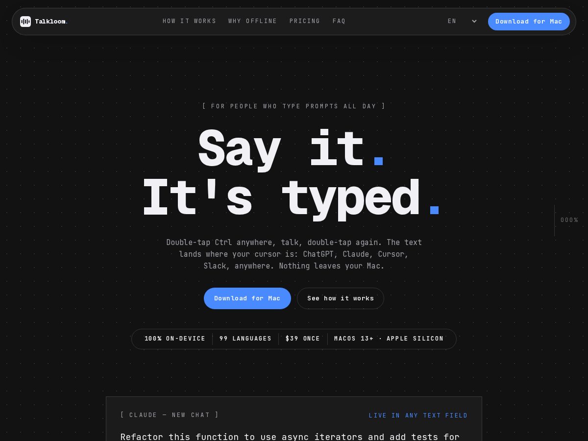 Landing-page snapshot of talkloom.app