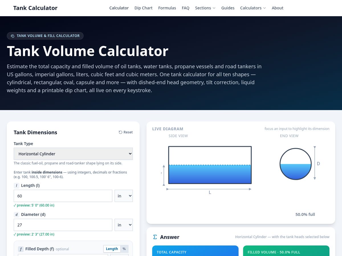 Landing-page snapshot of tankcalculator.net
