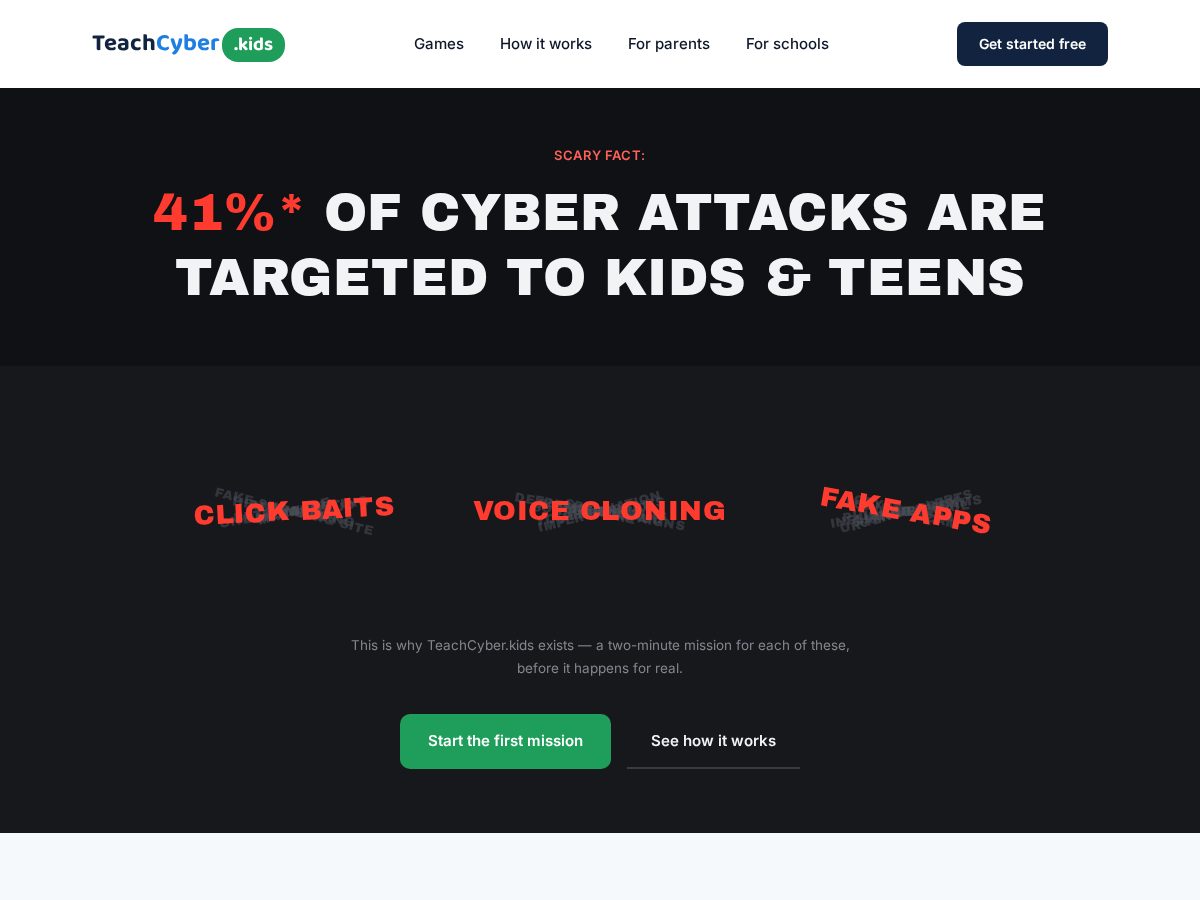 Landing-page snapshot of teachcyber.kids