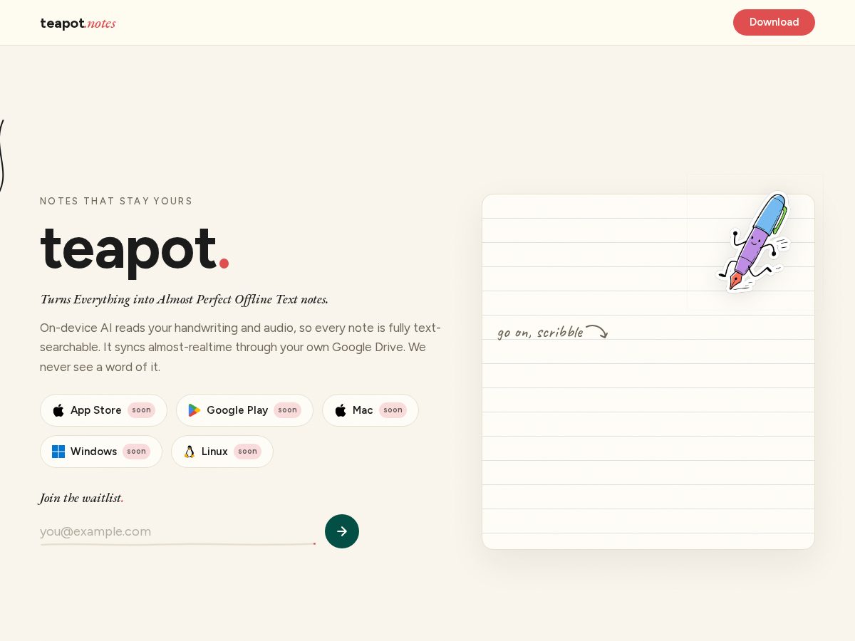 Landing-page snapshot of teapotnotes.com