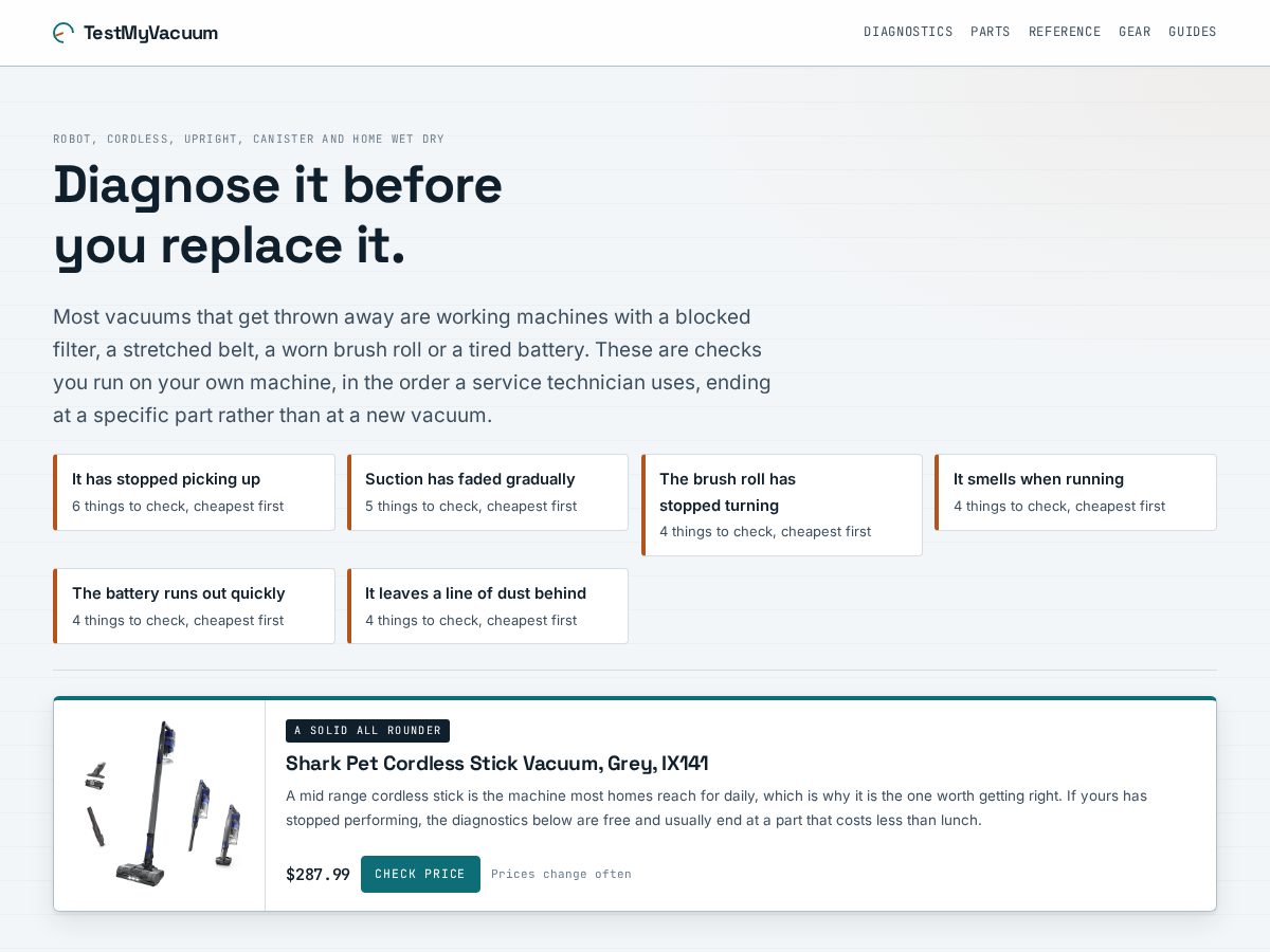 Landing-page snapshot of testmyvacuum.com