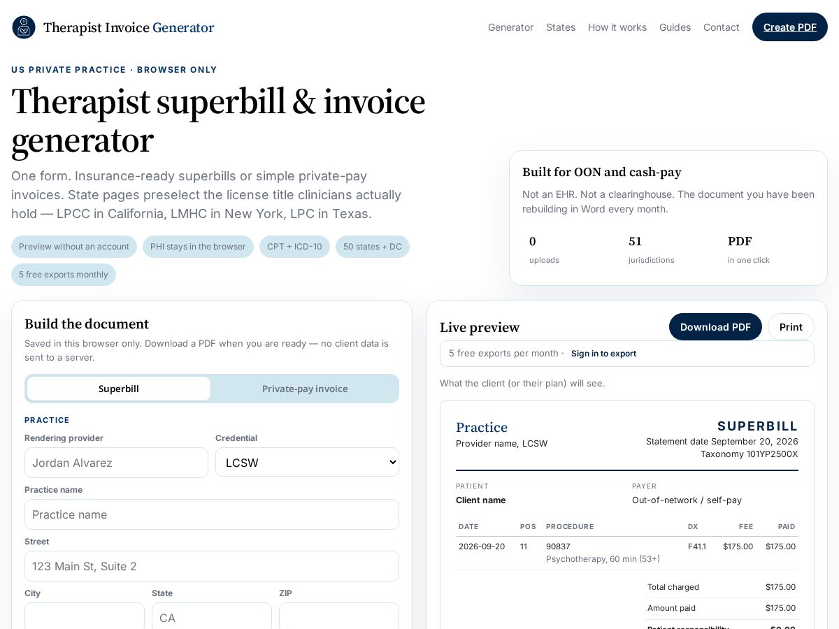 Landing-page snapshot of therapistinvoicegenerator.com