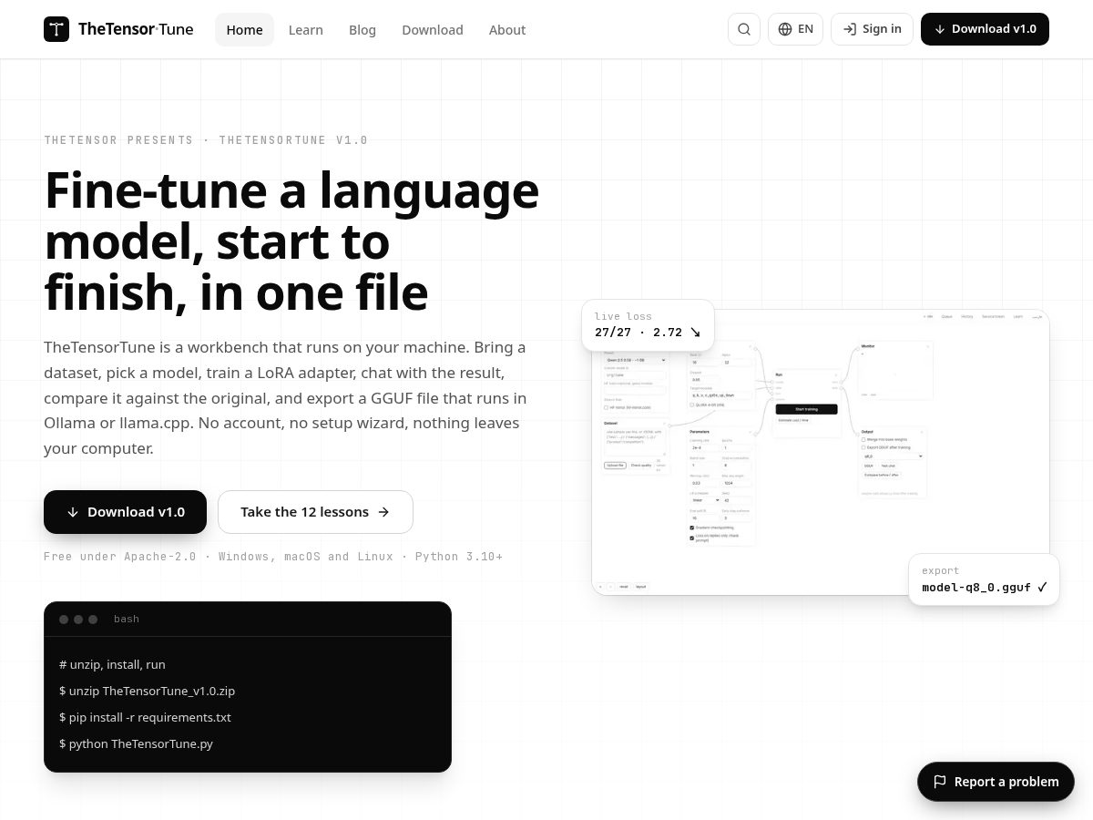 Landing-page snapshot of thetensor.site