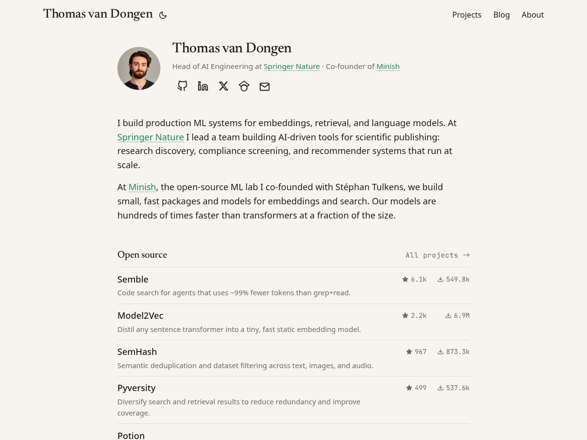 Landing-page snapshot of thomasvandongen.dev