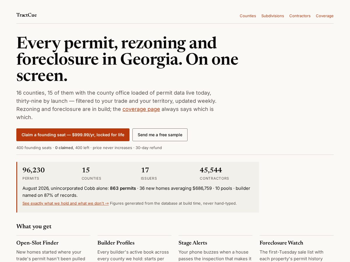 Landing-page snapshot of tractcue.com