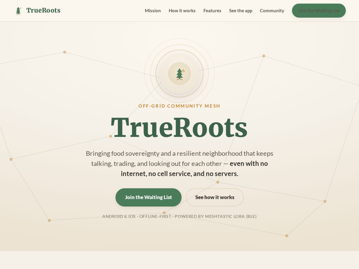 Landing-page snapshot of trueroots.app